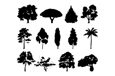 Monochrome illustrations of different trees silhouette