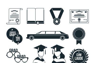 Students graduation party in monochrome style. Black vector icons set