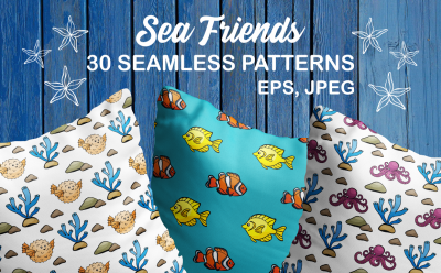 Sea Friends. Vector seamless patterns in doodle style.