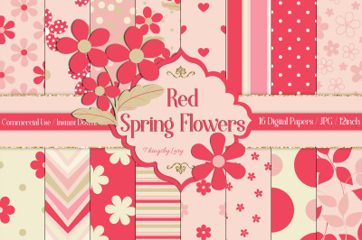 16 Seamless Red Spring Flower Papers Polka Dot, Chevron Striped Patte