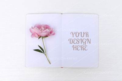 Sketchbook mockup with a peony&2C; floral flatlay