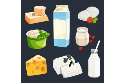 Vector illustrations of different milk products. Cartoon style picture