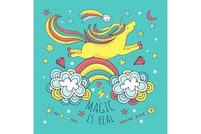 Magic vector background, poster with unicorn and rainbow