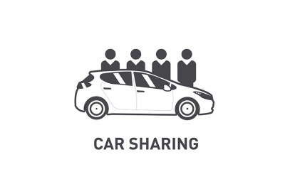 Car Sharing. Group of people behind car. Flat design. Line icon