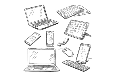 Doodle illustrations of different devices