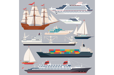 Sea transportation. Vector illustrations of ships and different boats