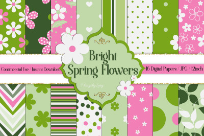 16 Seamless Bright Spring Flower Papers Polka Dot, Chevron, Striped