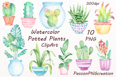 Watercolor potted plants clipart