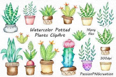 Watercolor potted plants clipart