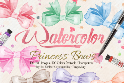 100 Hand Painted Watercolor Princess Bow Clip Arts