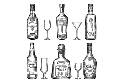 Vintage hand drawing different bottles