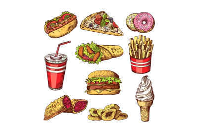 Fast food pictures. Burgers, cola sandwich hotdog and french fries