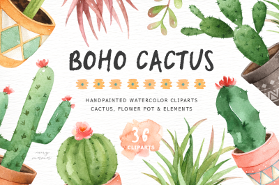 Boho Cactus Watercolor Cliparts