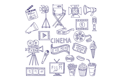 Cinematography doodle set. Video movie entertainment icons