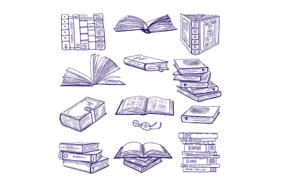 Set of different books. Hand drawn vector sketch