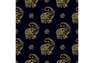 Gold elephant seamless pattern.