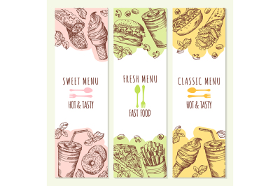 Vector sketch of three banners set with fast food pictures