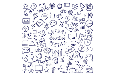 Social media hand drawn icons set. Computer and network doodle vector 