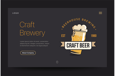 Craft brewery or pub website template. Beer glass web banner