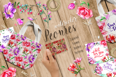 Solar light peonies PNG watercolor set