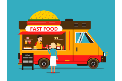 Cartoon illustration of food truck on the street