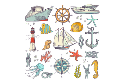 Marine coloring doodle set with different nautical elements, compass a