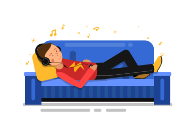 Man listening music and relaxing on sofa couch