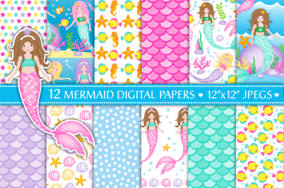 Mermaid Digital Papers, Under The Sea Digital Papers, Mermaid Patterns