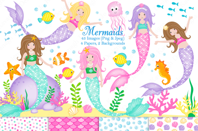 Mermaid clipart,Under the sea clipart,Mermaid graphics &amp; illustrations