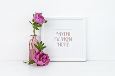 Square frame mockup with peony