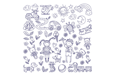  Children dreams. Vector hand drawn illustration of boy and girl