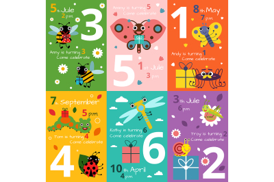 Invitation cards for kids birthday with illustrations of funny insects