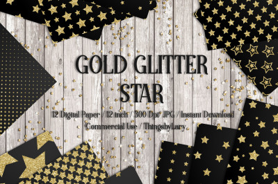 12 Gold Glitter Star Digital Papers