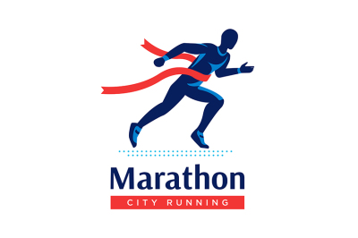 Running marathon logo or label. Runner with red ribbon. Vector style
