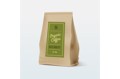 Brown Paper Food Bag Package Of Coffee. Vector mockup Template. 