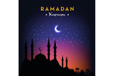 Ramadan Kareem greeting card with mosque and night sky. 