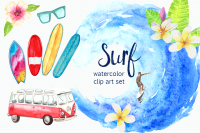 Watercolor Surf Clip Art Set
