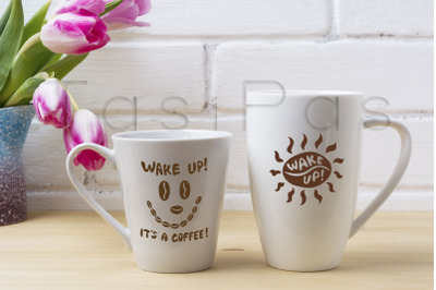 White coffee latte and cappuccino mug mockup with magenta tulip