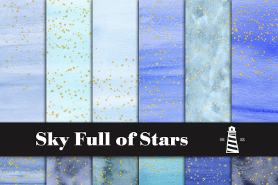 Blue Watercolor & Gold Stars Paper