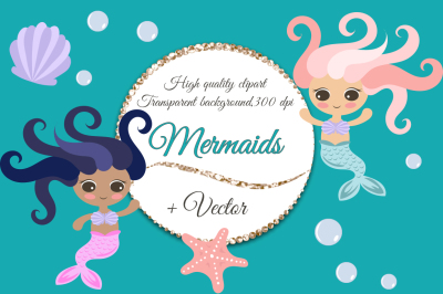 Cute Mermaids Clipart and Vector