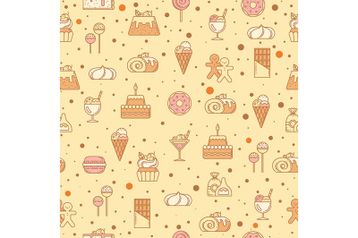 Sweet seamless pattern with cupcakes, candy, lollipop and other bakery