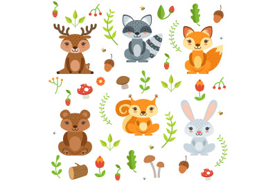 Funny forest animals and floral elements isolate on white background 