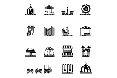  Black icon set of amusement park, carousel and other attractions