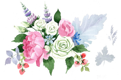 Wedding pink bouquet PNG watercolor set