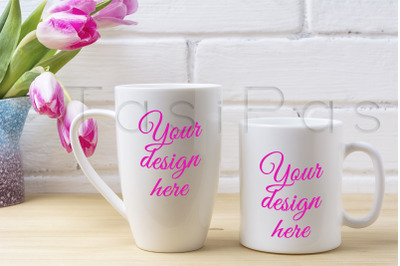 White coffee and cappuccino mug mockup with magenta tulip