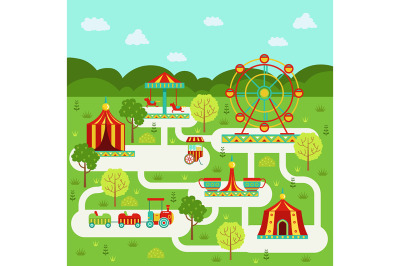 Vector map of amusement park with attractions. Family on vacation