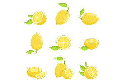 Lemon with slices. Fresh yellow fruit in cartoon style