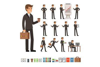 Vector set of businessman in different action poses with accessories