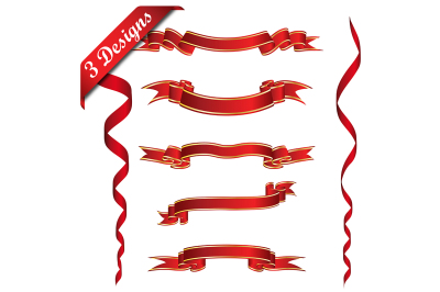 Set of Red Ribbons With Golden Stripes