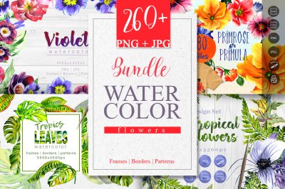 Bundle watercolor flowers 4 products, 260 files